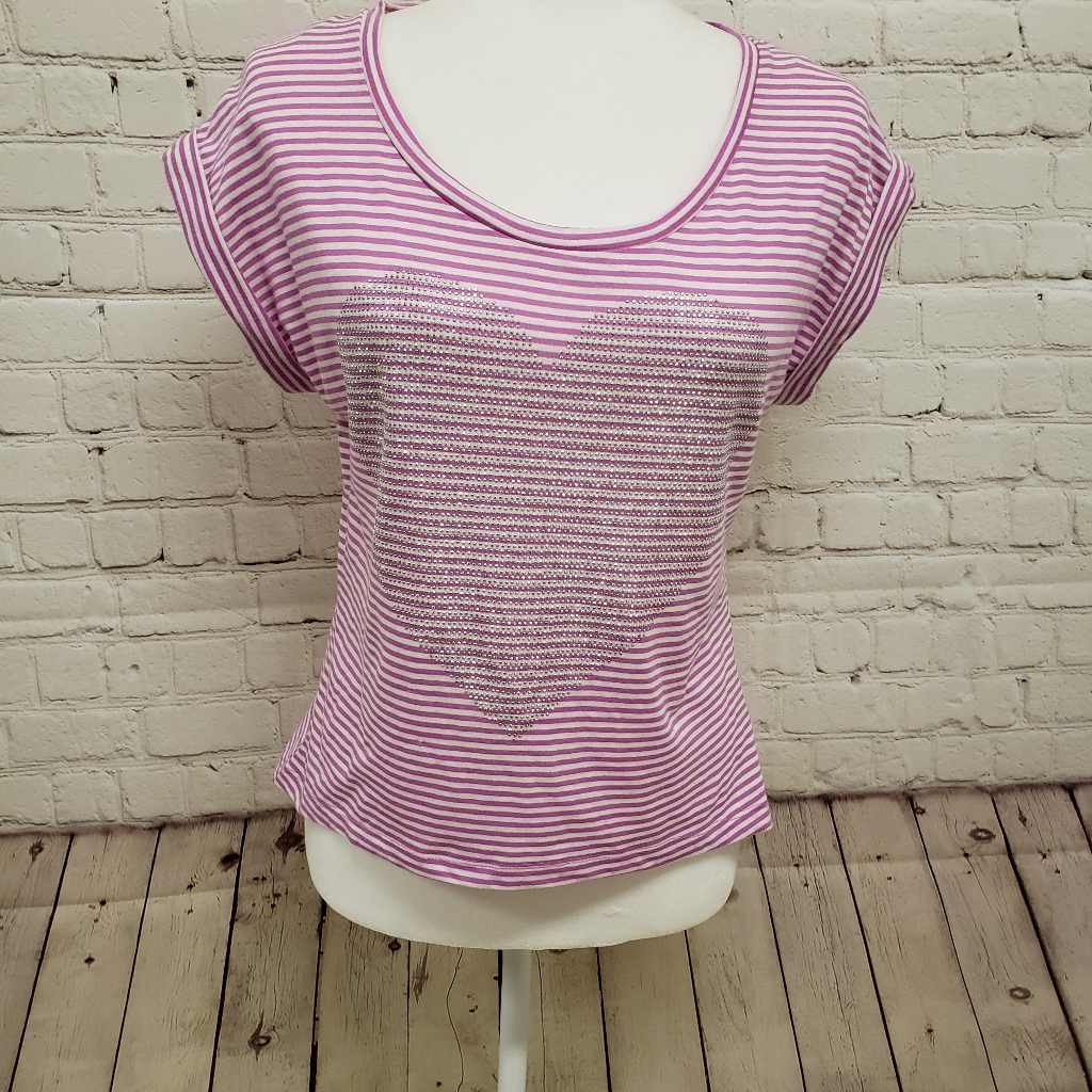 Pink & White Striped Heart Tshirt Sz Med